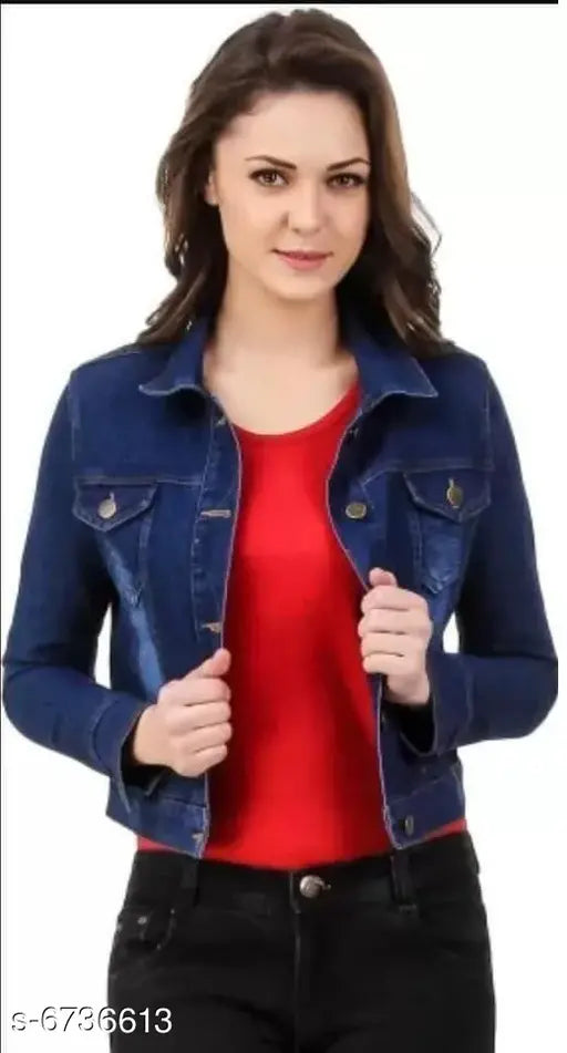 Solid denim women's jacket, long sleeves, size S (34in bust, 25in length), made in India