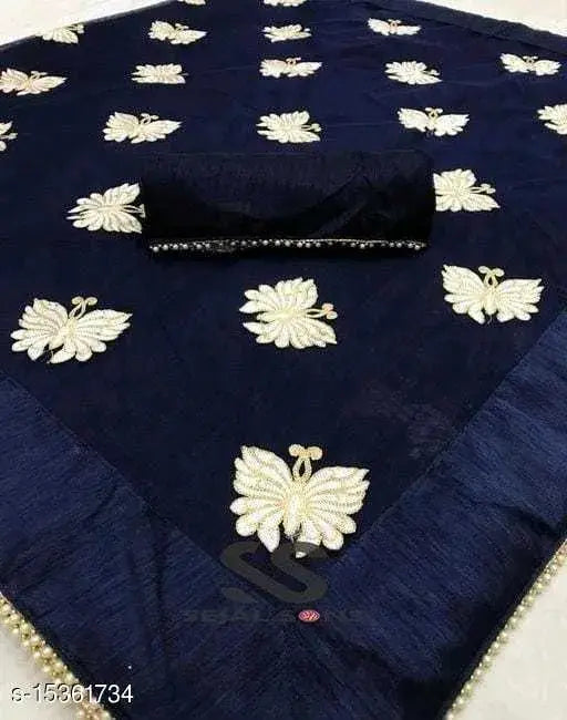 Nylon net embroidery saree with dupion silk blouse, Indian applique pattern
