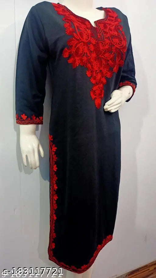 Black over red embroidered wool kameez for women