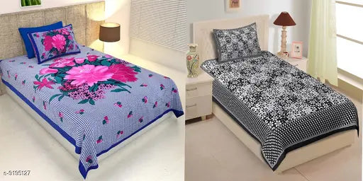 104 TC Jaipuri Floral 2 Single Bedsheet with 2 Pillow Cover, black & white print, blue, cotton.
