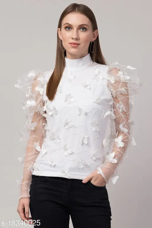 Casual cotton blend puff sleeve embroidered women's blouse, self-design net pattern, long sleeves, size S or M (22in length), India origin