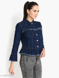 Denim waistcoat for women, classy designer jacket with long sleeves, solid pattern from India