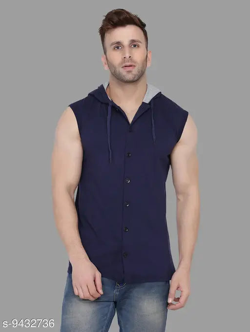 Navy blue cotton blend sleeveless hood t-shirt, high-quality men's casual wear for fashionable looks, 100% pure combed cotton from India