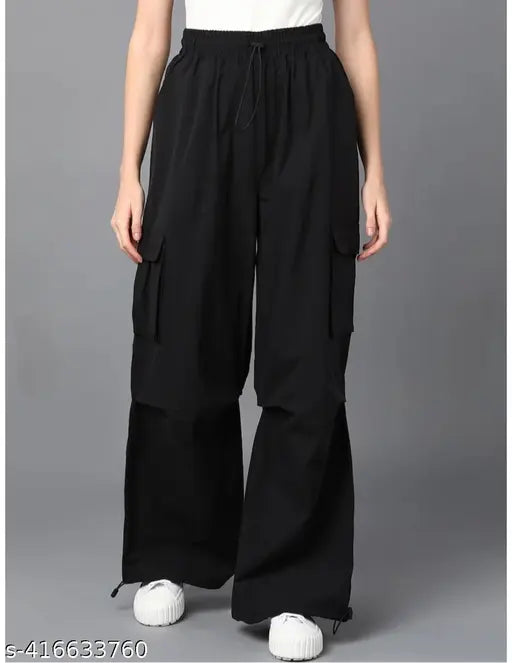 Black cargo pants with side pockets and adjustable drawstrings