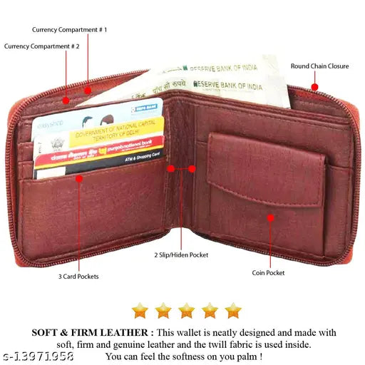 Brown faux leather unisex wallet with round chain, featuring 2 compartments and free size dimensions (11x9cm). Indian-made accessory for men or women
