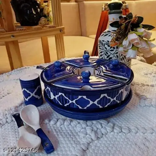 Multi-purpose ceramic storage containers set of 5 in blue. Each jar includes a lid, spoon, and salt dispenser tray. Handpainted design, nesting set, 400 mL capacity