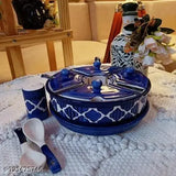 Multi-purpose ceramic storage containers set of 5 in blue. Each jar includes a lid, spoon, and salt dispenser tray. Handpainted design, nesting set, 400 mL capacity