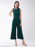 Green polyester Miss Chase women's solid round neck jumpsuit, sleeveless, relaxed fit, zip closure, pockets, India