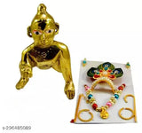 Golden Brass Murti Ladoo Gopal Statue with Dress Combo for Janmastami Pooja, intricately handcrafted Krishna idol (8"x8"x5")