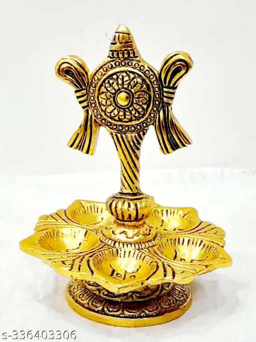 Aluminium table diya, Panch Mukhi Tirupati Balaji Vilakki with Shanku stand, height 12.5 inch, Indian metal decor item on display