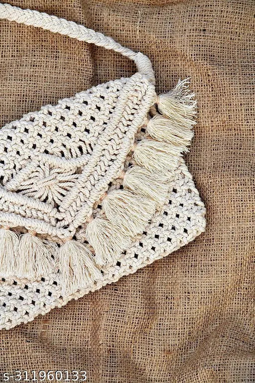 Cream macramé handbag, casual wear, handmade, crochet detailing, fashionable gift idea
