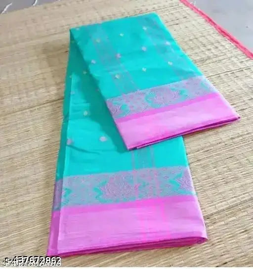 Pure cotton Taant saree - best quality Indian silk-like saree with Zari woven net design, free size, length 5.5m
