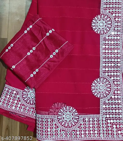 Red and white embroidered georgette fabric saree