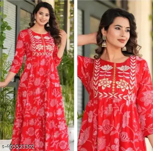 Red floral print anarkali kurta with embroidery, rayon material, three-quarter sleeves. A beautiful balance of femininity and freshness for women's long dress