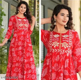 Red floral print anarkali kurta with embroidery, rayon material, three-quarter sleeves. A beautiful balance of femininity and freshness for women's long dress