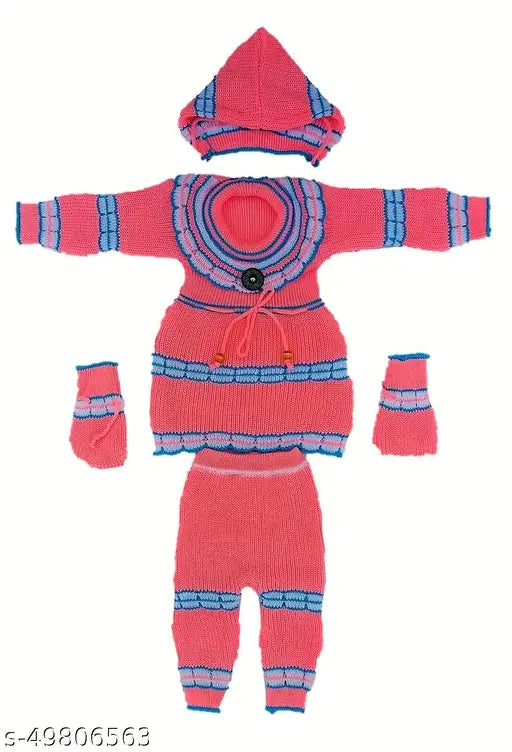 Trendy wool self-design net girls sweater set (0-6M, 6-12M), includes frock, pant, cap, bootie - India