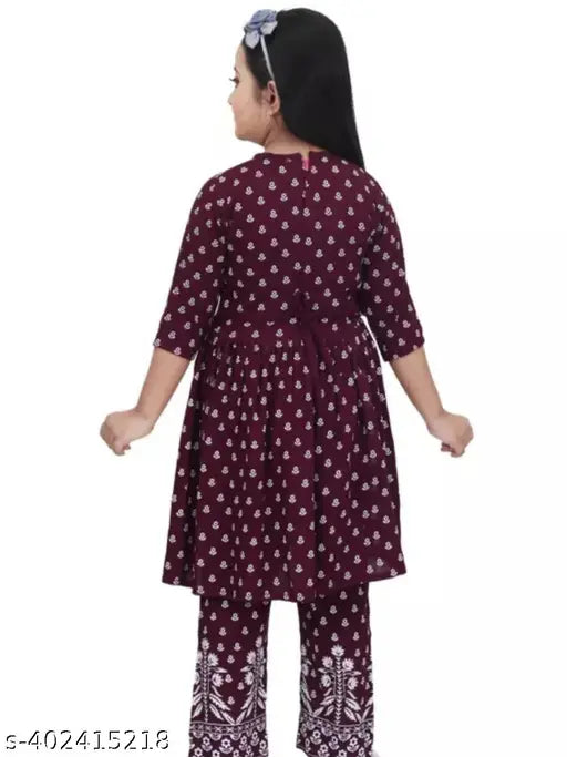Maroon cotton blend party wear three-quarter sleeves round neck top & bottom set for beautiful kids girls (India)