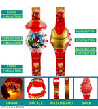 Colorful Iron Man themed wristwatch with disco lights, music button, adjustable strap, and glowing characters. Gift for kids or superhero fans