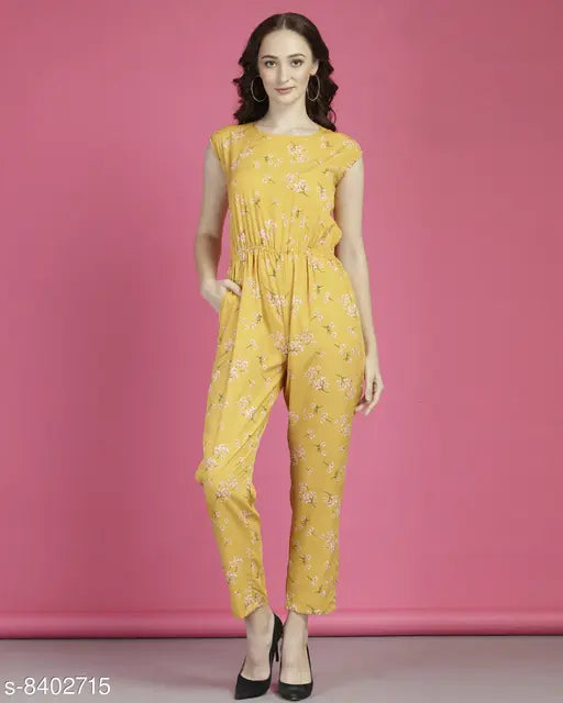 Attractive women's crepe jumpsuit with short sleeves and printed net pattern. Size M (Bust 36in, Length 55in, Waist 34in), made in India