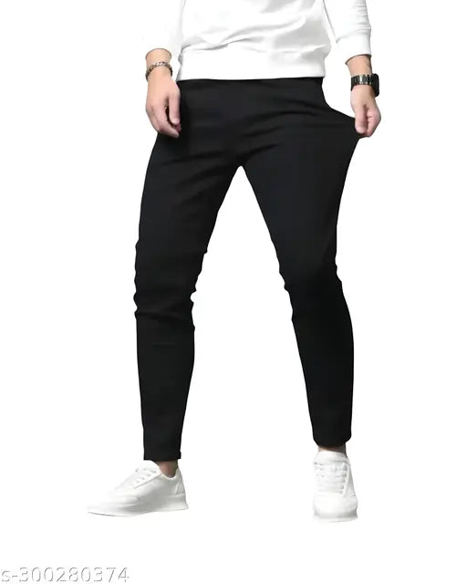 Fashionable trendy men's black denim jeans with placement print, versatile and durable for various occasions