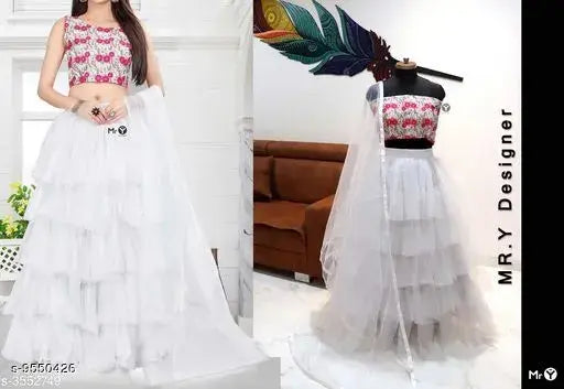 Fancy net women's lehenga in semi-stitched free size, embroidered top with solid dupatta, Indian traditional attire