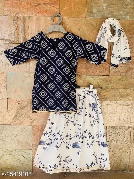 Bandhani print cotton kurti-skirt set with dupatta for girls, vibrant floral design and white jala print, three-quarter sleeves, sizes 6-12M & 12-18M
