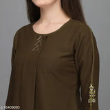 Green embroidered polyester western top with three-quarter sleeves, embellished net pattern. Women's size S to XXL, made in India