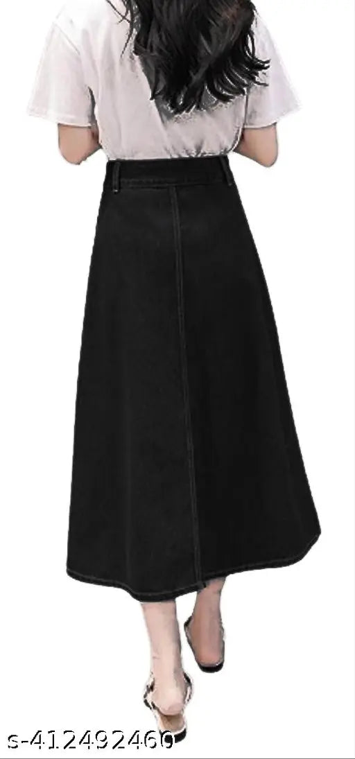 Black denim A-line maxi skirt, lightweight & breathable for women, suitable for all body types. Solid design, home washable, and trendy. Size options available from 26in waist to 46in waist. Made in India