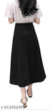 Black denim A-line maxi skirt, lightweight & breathable for women, suitable for all body types. Solid design, home washable, and trendy. Size options available from 26in waist to 46in waist. Made in India