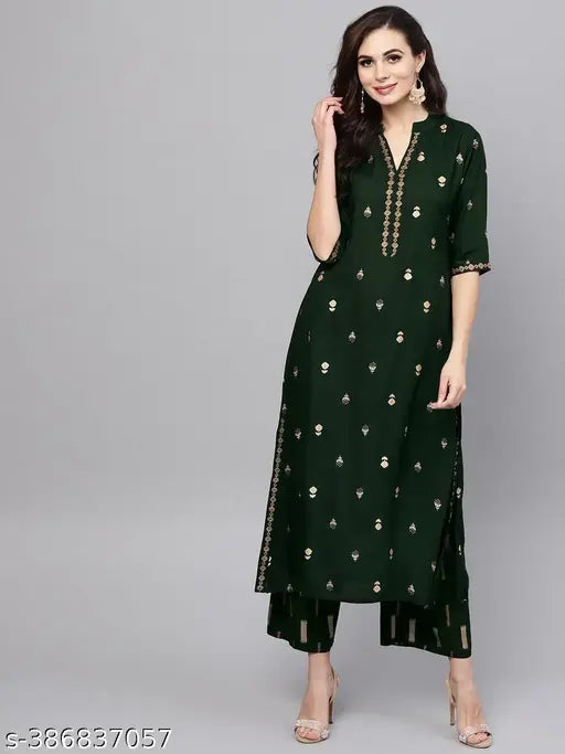 Rayon printed woman's kurta and palazzo set, three-quarter sleeves, Indian origin