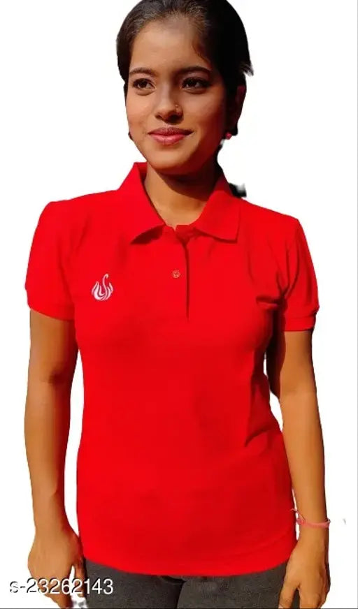 Cotton blend women's polo t-shirt, solid color, short sleeves. Breathable, comfortable clothing for women made in India