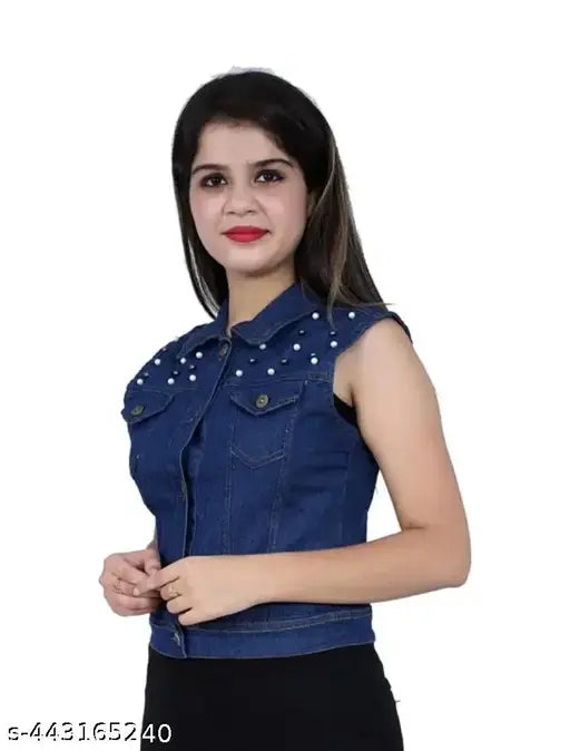 Denim sleeveless waistcoat for women - Comfy fashionable jacket, solid net pattern, size S (Bust 34in, Waist 28in, Hip 30in) Made in India