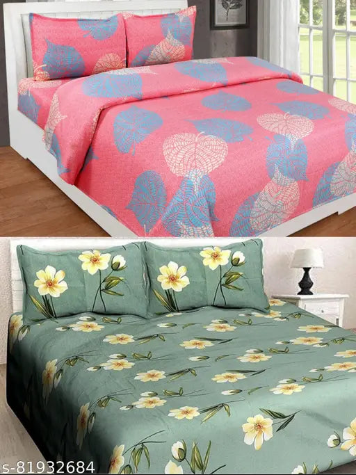 VORDVIGO® Cotton 220 TC Double Bedsheets Combo Pack of 2 Bedsheets with 4 Pillow Covers_Size- 90*90 inch