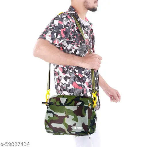 Green camouflage fabric, padded sling cross body bag, strap closure, zip pockets