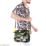 Green camouflage fabric, padded sling cross body bag, strap closure, zip pockets