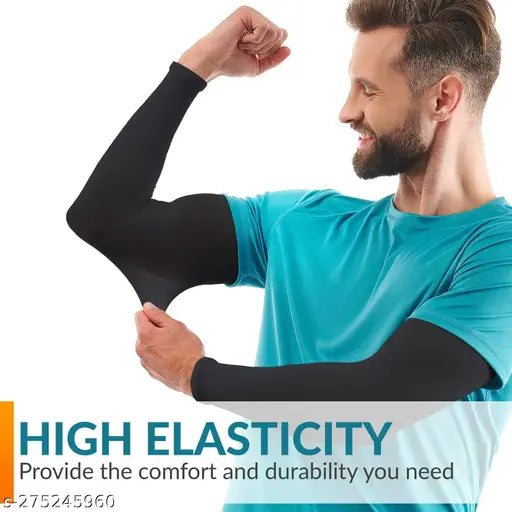 High-performance athletic compression sleeves for sun protection and cooling, made from stretchable washable 100% polyester