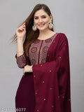 Keitra women's embroidered cotton-silk straight Kurta set with dupatta and cotton blend bottomwear - Solid design, three-quarter sleeves, Indian craftsmanship