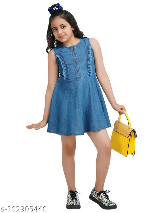 Denim fit flare dress, sleeveless, buttoned front, for 3-14 years girls' wardrobe, suitable for festive occasions