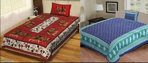 Jaipuri cotton single bed sheet combo pack with 2 pillow covers, 160 thread count, India-made
