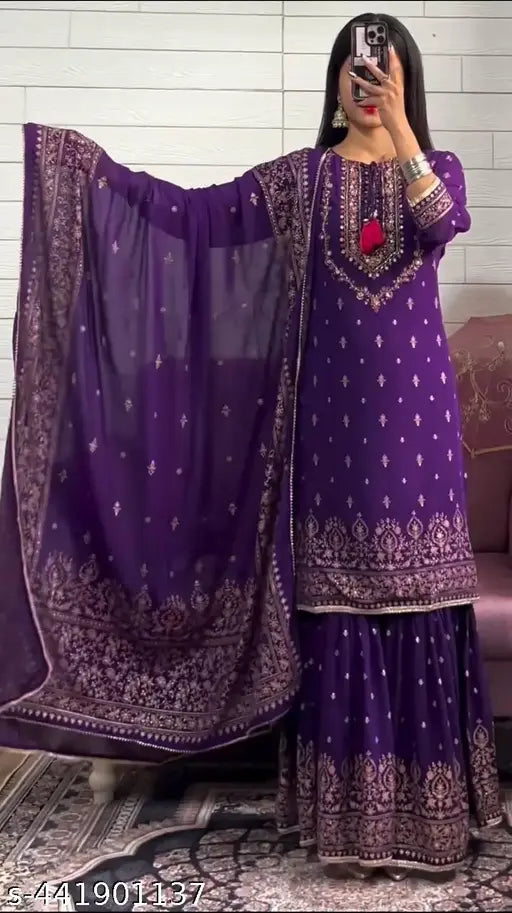 Purple, embroidered, fully stitched sharara with matching dupatta