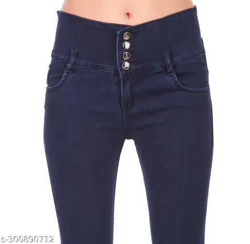 Dark blue high waist skinny jeans with zip fly and silver snap button