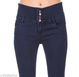 Dark blue high waist skinny jeans with zip fly and silver snap button