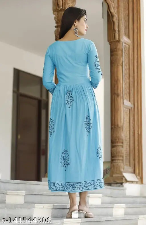 Aqua blue rayon hand block printed anarkali kurti for woman, full length, front view