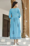 Aqua blue rayon hand block printed anarkali kurti for woman, full length, front view