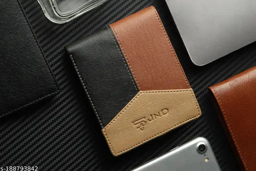 Stylish faux leather men's wallet, colorblock design, two compartments, durable and well-crafted accessory for essentials storage