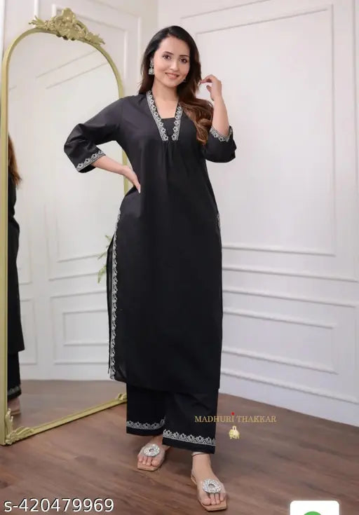 Rayon solids: Kavya borderless 2199 kurta and palazzos with three-quarter sleeves, India origin