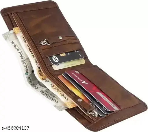 Brown faux leather formal wallet for men, double zipper, 5 card slots, solid pattern
