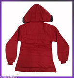 Red winter coat with hood, zip closure, fur lining