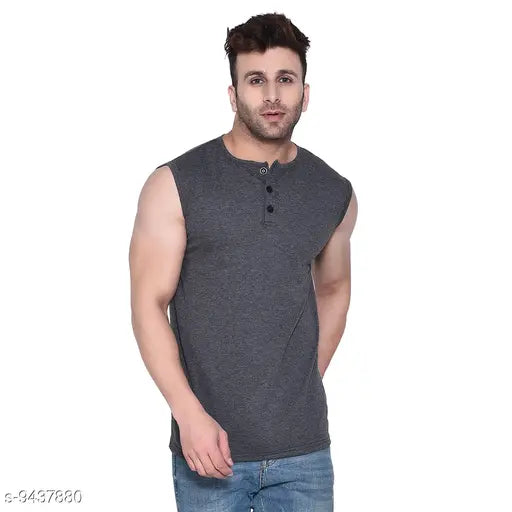 Grey melange self-design cotton blend sleeveless T-shirt for men, high-quality, comfortable fit, trusted brand, India origin