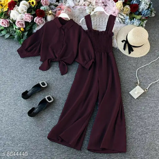 Wine red cotton blend spaghetti strap smocking two piece wide leg jumpsuit with stand up collar shirt and tie up pattern - Free size